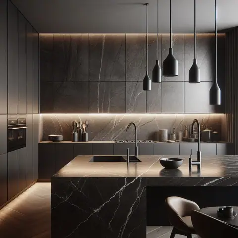 Dark kitchen with a stone island and low pendant lights