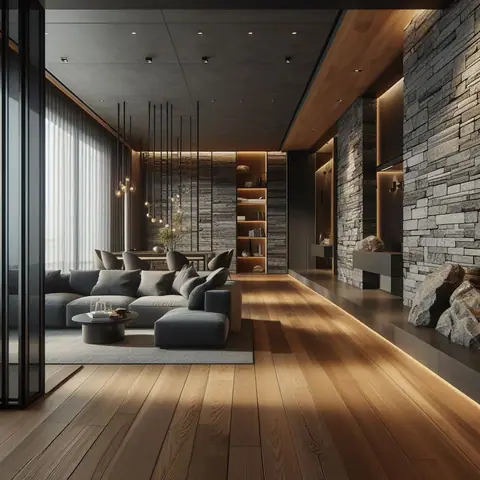 Living room running the length of a stacked-stone feature wall