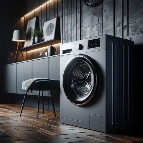 Utility room with a washing machine set into dark cabinetry
