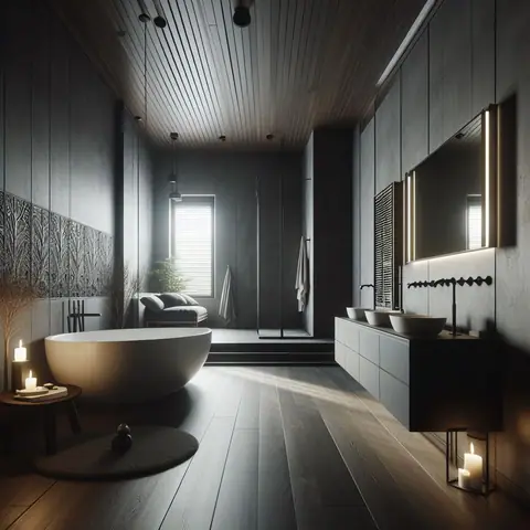 Stone-lined bathroom with a freestanding tub