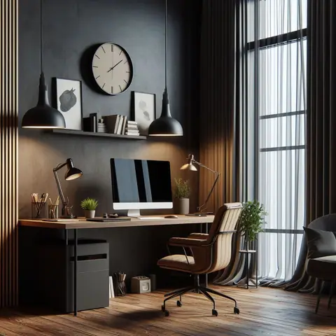 Home office with a wall clock, desk lamp and open shelving